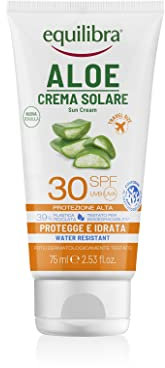 equilibra Solari, Aloe Crema Solare SPF 30 Travel Size, a Base di Aloe Vera, Vitamina C ed E, Olio di Argan, Olio di Cocco e Burro di Karité, Per un'Abbronzatura Sana e Naturale, Water Resistant, 75ml