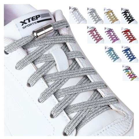 Olukssck 2 Paar Elastische Schnürsenkel Ohne Binden mit Metallkapseln, Schnürsenkel Schnellverschluss für Sneaker, Laufschuhe, Sporschuhe, 110cm, Silber