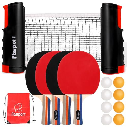 Tischtennisschläger Set Profi, Tischtennis Set mit 4 Schläger, Einziehbarem Netz, 8 Tischtennis Bälle und 1 Tragetasche, Ping Pong Set für Indoor Outdoor Kinder Erwachsene