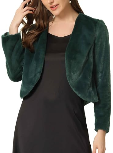 Allegra K Cropped Jacket for Women's Faux Fur with Pockets Long Sleeve Open Front Wedding Bolero Gowns Coat Large Dark Green