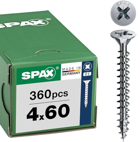 SPAX Tornillos universales 4 x 60 mm, 360 unidades - Tornillos de cabeza avellanada con recubrimiento WIROX, rosca completa, ranura en cruz Z2, punta 4CUT - Tornillos para madera 8000000287480