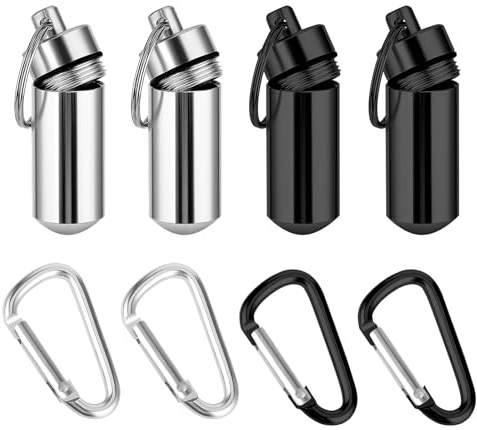 AHQiZFX 4 Stück Pillendose Schlüsselanhänger,Wasserdichte Kapsel Pillendose,Kleine Pillendose Metall,Mini Kapsel Pillendose,Outdoor Tragbare Tablettendose,Aluminium Pillenbox,für Reise Camping Angeln