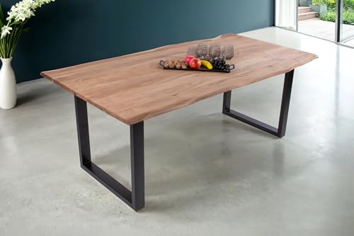 SAM Baumkantentisch 140 x 80 cm Dana, massiver Esstisch Eiche, Esszimmertisch mit U-Gestell aus Metall Schwarz, echte Baumkante, pflegeleichter Holztisch