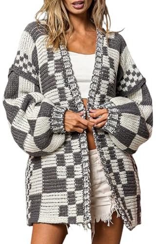 SELINK Women's Cardigan Sweater Vintage Grey Open Front Mixed Checkered Pattern Chunky Knit Plaid Long Sleeve Daily Outwear M