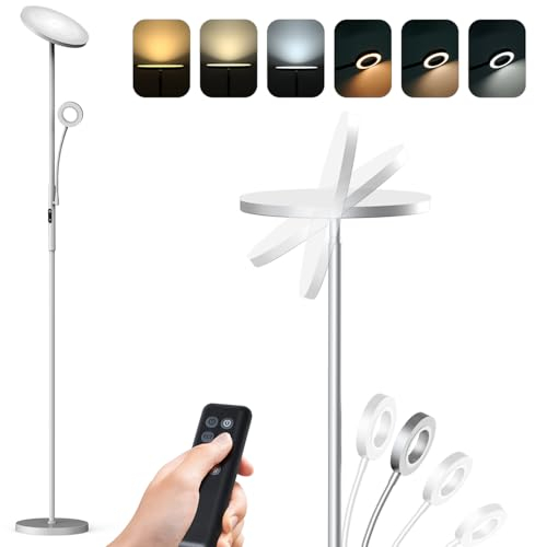 35W Wohnzimmer Stehlampe 1,8m hoch in grau, LED Deckenfluter mit Leselampe & Fernbedienung, vier Einstellbare Farbtemperatur, Dimmbar, Einstellbare Winkel, Stehleuchte passend für jede Wohnung