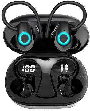 Wireless Earbuds with Mic - Bluetooth 5.3 Headphones, IP7 Waterproof Sport Earphones, Noise Cancelling, Over-Ear Hooks, Deep Bass, USB-C Charging, Secure Fit for Running & Workouts