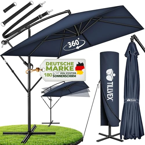 tillvex® Sombrilla de Jardín Rectangular Ø 330 cm con Manivela + Funda con Manivela | Sombrilla con soporte & Protección Viento | Parasol mercado impermeable + Protección UV (Azul - sin LED)