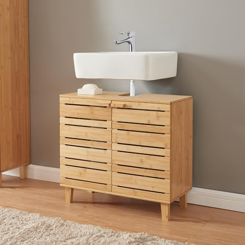 [en.casa] Meuble sous-Vasque avec 2 Portes d'Armoire Surface de Rangement Meuble sous Lavabo Design Scandinave pour Salle de Bain Toilettes Bambou 60 x 66 x 30 cm Naturel