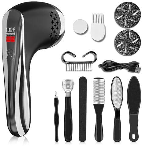 Electric Foot File & Callus Remover for Feet - Vacuum System, 3 Graded Grinding Heads, LCD Display, 1500mAh Rechargeable - Black, Foot File Electric Pedicure