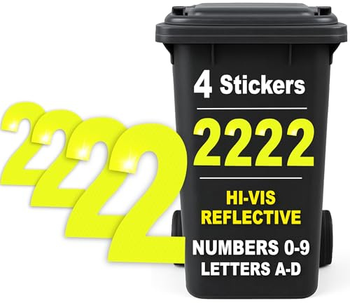Rubigo 4PK Hi Vis Bin Numbers for Wheelie Bins – 0-9, Letters A-D, 17cm Reflective Dustbin Stickers – Easy Application Neon Yellow Stick On Number Stickers - Weatherproof Self Adhesive Vinyl (2)