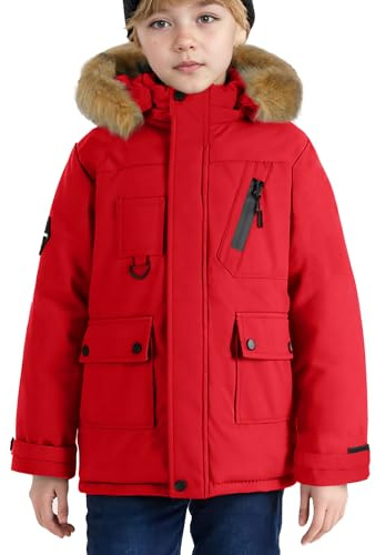 SEAUR Parka de invierno para niños, abrigo grueso, chaqueta de invierno cálida, abrigo para exterior con capucha desmontable 120-170CM, 5-14 años, rojo, 12-13 años