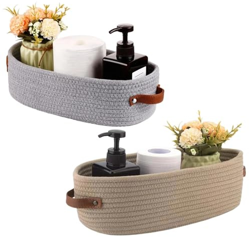 XBAIPIN Juego de 2 cestas de almacenamiento trenzadas de cuerda de algodón, 15 x 33 x 10 cm, con mango de piel, cesta natural en gris y caqui, para baño, dormitorio, cocina y estantería, solución de