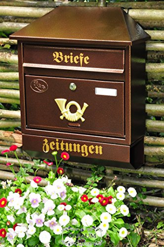 Wandbriefkasten,Großer Briefkasten, Premium-Qualität aus Stahl, mit Schutzlackierung Walmdach W kupfer kupferfarben braun + Zeitungsfach Zeitungsrolle Postkasten