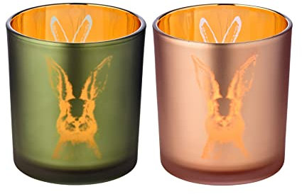 EDZARD 2er-Set Teelichtglas Windlicht Hase, Höhe 8 cm, Durchmesser 7 cm, Deko für Ostern (1 grün, 1 rosa)