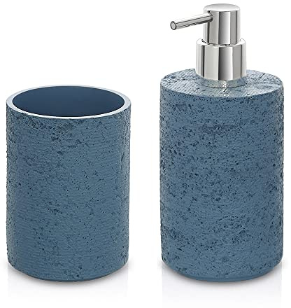 Inbagno Set Accessori Bagno 2 Pezzi Effetto Pietra Turchese Cobalto, Dispenser e portaspazzolini, in Resina (Set 2)