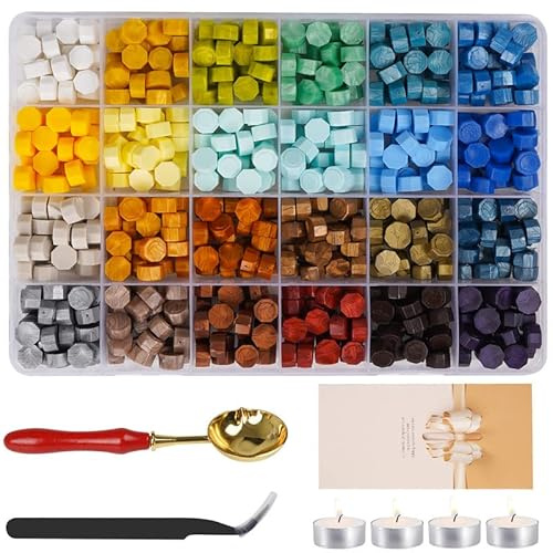 Perles de cire à cacheter avec 24 couleurs et 600 pièces cire scellant octogonale avec 4 bougies, 1 cuillère et 1 pince à épiler pour invitations de mariage, enveloppes, lettres, cartes postales