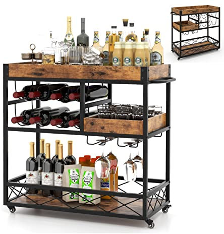 GiantexUK 3-Tier Kitchen Serving Cart, Home Bar Cart Trolley with Wine Rack, Glass Holder, Removable Tray & Handles, Rolling Drinks Trolley on Lockable Wheels (with Removable Top Tray, 80x40x83cm)