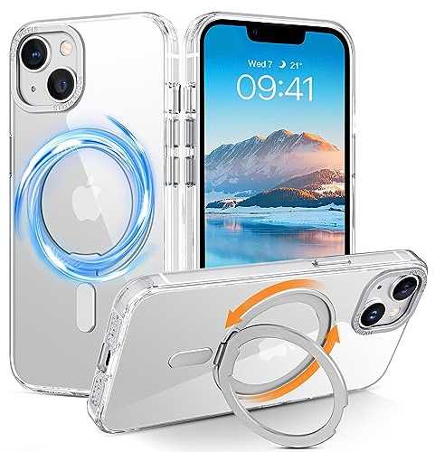 BENTOBEN Coque pour Magnétique iPhone 14/iPhone 13 avec MagSafe Anneau Support Intégré, Étui de Protection avec Béquille Housse en Acrylique Antichoc Anti-Poussière iPhone 14/iPhone 13- Transparente