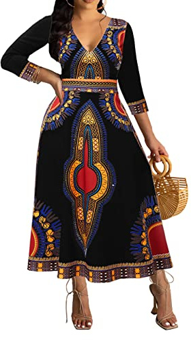 African Dress for Women Print Maxi Dress Sexy V Neck Dashiki Party Dresses Elegant Bohemian Long Sleeve Prom Attire Flowy Cocktail Tropical Vintage Outfits