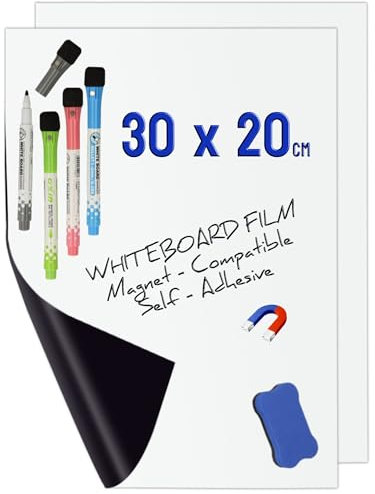 “Minadax 2X Mini película para Pizarra Blanca 30 x 20 cm | Adhesivo magnético | Se Puede Cortar a Medida + Bolígrafos + Limpiador, 24802