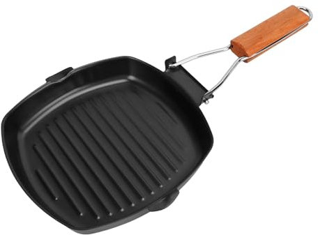 Grillpfanne, Tragbare Gusseisen-Steak-Grillpfanne, Antihaftbeschichtete Grillpfanne Mit Klappbarem Holzgriff, Steakpfanne, Vielseitige Quadratische Grillpfanne, Grillpfanne Für Den Innenbereich(20cm)