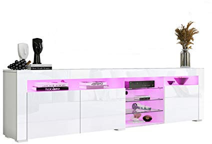 Generisch Moderne TV Tisch für Wohnzimmer mit LED Leuchten 3 Türen Lagerung, Hochglanz Weiß Fernsehschrank, TV-Schrank für Wohnmöbel, TV Lowboard 180cm, TS18-WH