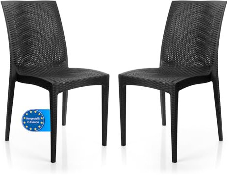 BigDean 2er Set Gartenstuhl Dalia Rattan Optik in Anthrazit – stapelbarer Campingstuhl belastbar bis 110kg – wetterfester Essstuhl für Indoor + Outdoor Aktivitäten & Feiern geeignet – Made in Europe