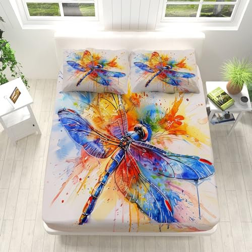 Bunte Malerei Der TierinsektenflüGel-Libelle Design Spannbettlaken 140x200cm Weiche Mikrofaser Boxspringbett Bettlaken, Spannbetttuch, Rund-um Elastischem Gummizug, für Matratzen von 5-30 cm