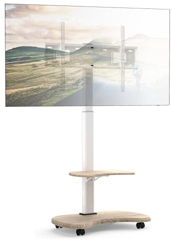 XTRARM Stellar Supporto TV da pavimento con Ripiano in Legno, Carrello Tele con Ruote Regolabile in Altezza, Piedistallo Televisione 32-70 Pollici, 45 kg, Stand da Terra Universale, VESA 600x400