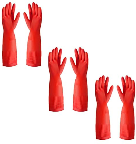 LUNCHS 3 Pares Guantes Fregar Ideal para Limpiar Pisos, Baños Goma Guantes Limpieza Cuida Tus Manos Artículos para El Hogar(L,Red)