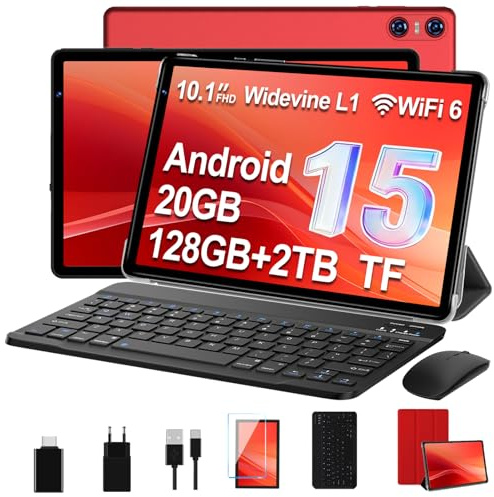 SKYEGG Tablet 10 Pulgadas 128 GB ROM–Ampliable 2 TB, Android 15 con Gemini AI, 20 GB RAM, Octa-Core, WiFi 6, Widevine L1, Batería 6000 mAh, con Teclado, Ratón y Funda, Rojo Oscuro
