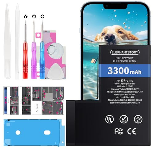 Elephantstory Akku für iPhone 13 Pro, 3300 mAh Hohe Kapazität Interner Ersatzakku 0 Zyklen Li-ion Polymer Akku mit Reparatur Werkzeugsatz und Anleitung Buch