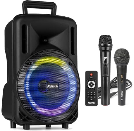 Fenton FT08LED MK2 Portable PA System Kit - 8 300W Active Bluetooth Speaker Set with Wireless & Wired Microphones, LED Lights, USB/SD Playback & Rechargeable Battery for Karaoke and Events