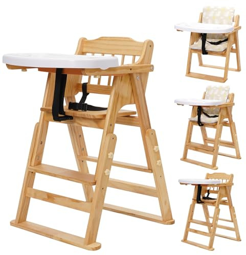 Yosamy 4-in-1 Wooden Highchair, Foldable Baby Highchair with Adjustable Height & Footrest,Convertible Highchair,Removable Tray, Safe Harness, Suitable from 6 Months to 10 Years