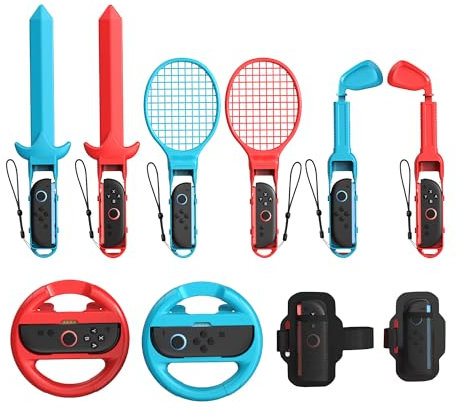 [For Switch 2/1/OLED] Sports Games Accessories Bundle Compatible with Switch 2/Switch/OLED, 10 in 1 Family Accessories Kit with Steering Wheels, Strap, Golf Clubs, Tennis Rackets, Sword