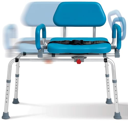 Sliding Shower Chair – Safe Rotating Tub Transfer Bench for Seniors & Disabled, Padded Swivel Seat with Handles, Compact Adjustable Bath Bench, Fits Most Bathtubs