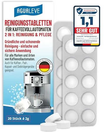 AGUALEVE® Reinigungstabletten 20 Stück (2 in 1: Reinigung + Pflege) | für alle Marken & Arten von Kaffeevollautomaten & Kaffeemaschinen, u.a. De’Longhi, Philips, Siemens, Saeco, Melitta, Miele