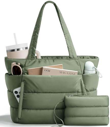 Bagstellar Puffer Tote Bag for Women, Lightweight Puffy Work Handbag Teacher Nurse Quilted Shoulder Bag for School Travel Gym