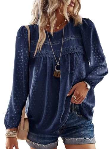 TUUHAW Camisa Mujer Manga Larga Boho Elegante Blusa Otoño con Cuello Redondo Moda 2025 Encaje Top Casual Punto Suizo Invierno Ropa Color Sólido Túnica Suelto Basic Informal Azul Marino L