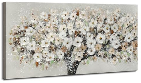 WENGTIAO Grande Albero Floreale Quadro Dipinto a Mano, Pittura Acrilica, Quadri Moderni Astratta con Texture, Quadro Fiori Bianco su Tela per Soggiorno Decorazioni Parete 120x60 cm