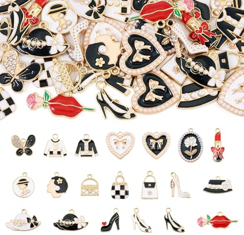 Cheriswelry - 40 Pezzi Ciondolo a Tema della Moda in Lega Smaltata, Tacchi Alti, Rossetto, Borsa, Donna, Ciondolo a Goccia in Smalto Piatto per Gioielli Fai da Te, Collana, Bracciale