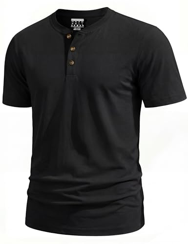 TACVASEN Short Sleeve Shirt for Men UK Henley Cotton Grandad Tees Black 2XL