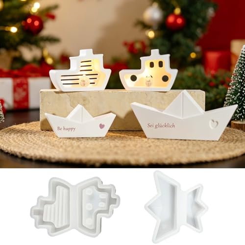 2 Stück Silikonformen Gießformen, Gießformen Silikon Boot Schiff & Papierboot, Gipsformen zum Gießen Maritim, DIY Silikon Gießform für Gips, Epoxidharz, Resin, Beton, Sommer Deko