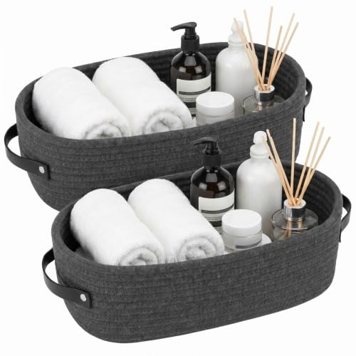 Dexpally 2 Piezas Cesta de Almacenamiento Trenzada de Cuerda de Algodón con Mango de Piel 33 x 15 x 10 cm Cestas Organizadoras Cuerda Algodón para Baño, Dormitorio, Cocina y Estantería (Gris Oscuro)