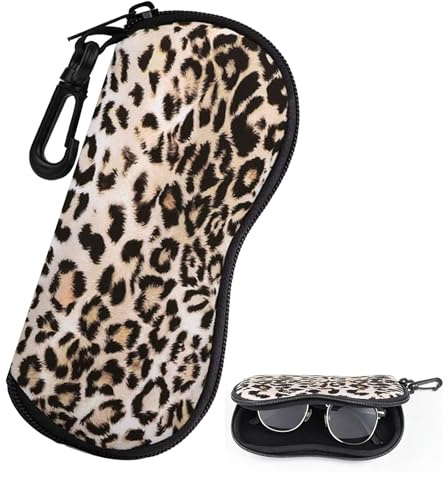 FOSDICK Etui Lunettes Souple, Etui a Lunette Portable avec Mousqueton et Fermeture Eclair, Pochette Lunette Imprimé Léopard, Ultra Léger Boite a Lunette pour Femmes Hommes (16,5 cm × 8 cm)