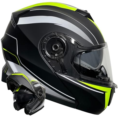 Klapphelm Integralhelm Helm Motorradhelm RALLOX 160 schwarz neon gelb grün matt mit Sonnenblende (S, M, L, XL) Größe L
