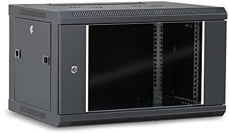 WAYTEX 37401 - Caja de Armario de Red de 19 Pulgadas, 6U – 600 x 450 x 368 mm – Montaje en Pared o Patas suministradas – Puerta de Cristal con Cerradura – Color Negro