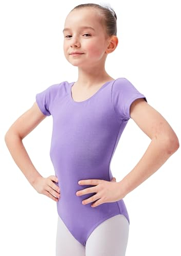 tanzmuster Ballettanzug Mädchen Kurzarm - Sally - aus weichem Baumwollstoff - Ballett Trikot Ballettbody in lavendel, Größe 128/134
