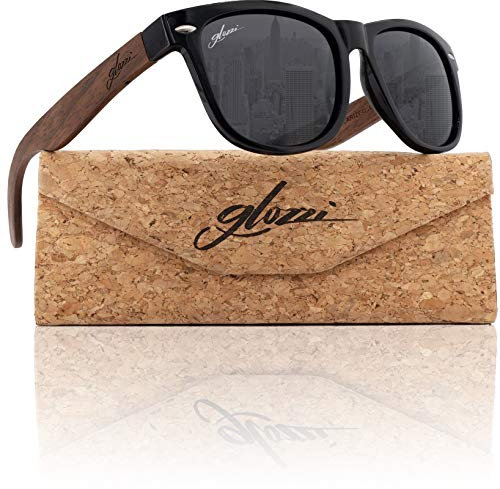 glozzi Walnuss Holz Sonnenbrille Herren und Damen Polarisiert UV400 mit Holzbügeln und Brillenetui aus Kork