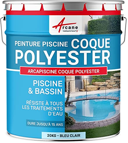 ARCANE INDUSTRIES Peinture Piscine Coque Polyester, Peinture Hydrofuge imperméabilisante, Piscine et Bassin - 20 kg (jusqu'à 65m² en 2 Couches) Bleu Clair